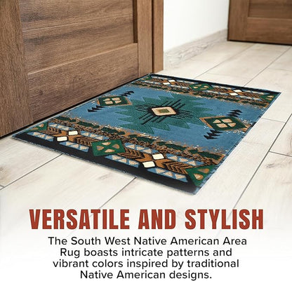YHSF South West Native American Area Rug C318 - Easy Clean, Thick, Soft, Durable Native Tribal American Indian Inspired Rug for Bedroom/Living Room and More - Blue-Green, 5 Feet x 7 Feet