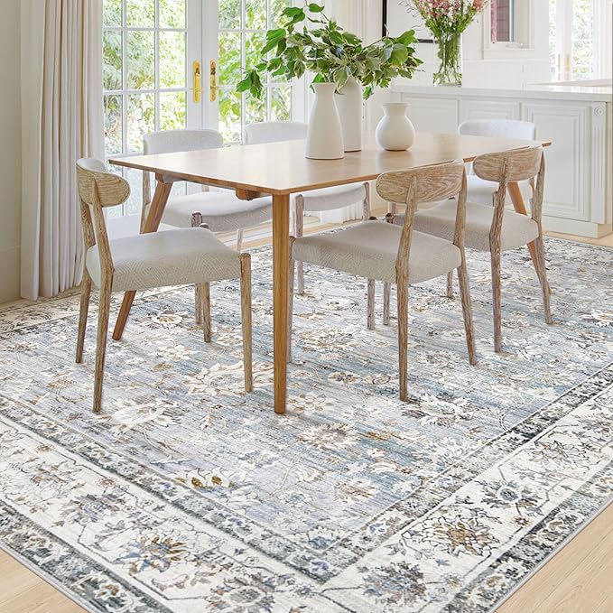 Area Rug 8x10 Living Room Rug, Machine Washable Vintage Distressed Boho Area Rug Non-Slip Soft Low Pile Large Indoor Rugs for Bedroom Kitchen Dining Room Office(Light Blue,8'x10')