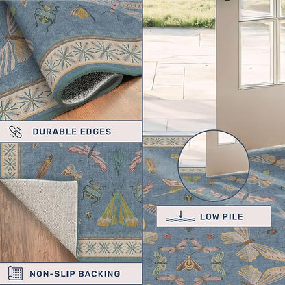 Washable Blue Rugs for Bedroom Bedside - 3x4 Area Rug for Large Kitchen, Entrance Indoor, Boho Insect Print Bug Décor, Non Slip Low Pile Fade Resistant