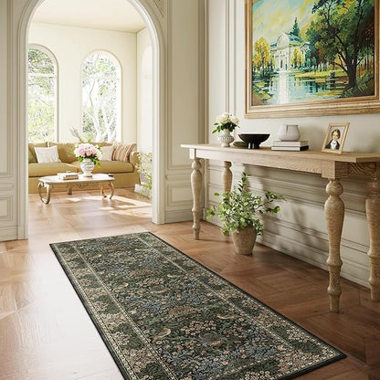 2.6x8 Floral Washable Area Rug Soft Runner Rugs for Kitchen, Vintage Boho Hallway Rug for Bedroom Dining Room, Botanical Birds Non Slip Low Pile Throw Carpet, Retro Gold/Green