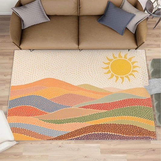 Boho Sun Area Rugs 6x8ft, Mosaic Sunburst Living Room Area Rug, Dotted Gradient Hills Play Rug with Carpet Tape Double Sided for Bedroom Office Home Decor