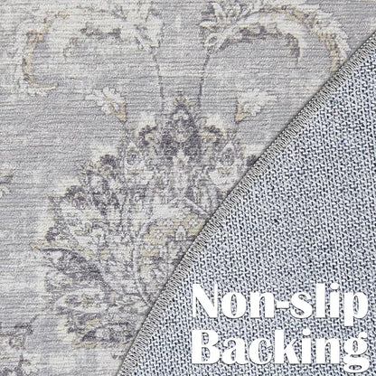 jinchan Fiora Round Rug 8ft Area Rugs - Vintage Floral Distressed Design Machine Washable Non-Slip Low-Pile Ultra-Thin Circle Rug for Living Room Dining Room Bedroom Farmhouse (8' Round, Grey)