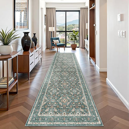 WITSHOCK Washable 3x10 Long Runners Rugs for Hallways,Vintage Neutral Hallway Rugs for Entryway Kitchen Bedroom,Vintage Farmhouse Home Decor(Teal Blue,3x10)