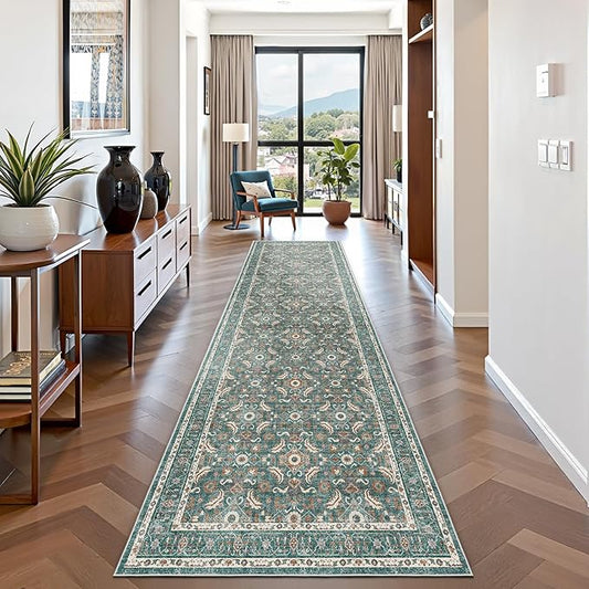 WITSHOCK Washable 3x10 Long Runners Rugs for Hallways,Vintage Neutral Hallway Rugs for Entryway Kitchen Bedroom,Vintage Farmhouse Home Decor(Teal Blue,3x10)