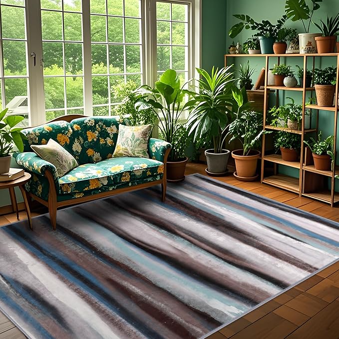 Abstract 6x9 Area Rug, Modern Stripe Pattern Teal Rugs for Living Room, Washable Soft Large Non-Slip Floor Carpet for Dining Room Office Bedroom - Blue/Brown/Multi