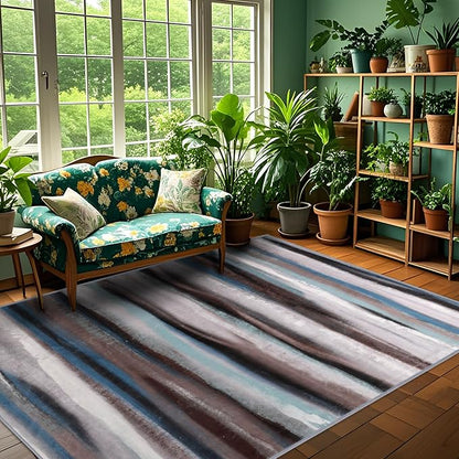4x6 Abstract Rug for Entryway, Modern Stripe Washable Indoor Entry Way Area Rugs, Soft Non-Slip Door Mat Floor Carpet for Dining Room Kitchen Bedroom - Blue/Brown/Multi