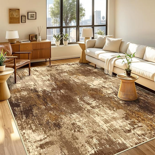 Washable Area Rugs 9'x12' Non-Slip Modern Abstract Soft for Living Room Entryway Bedroom Nursery, Print Pattern, Brown Tan Beige Coffee