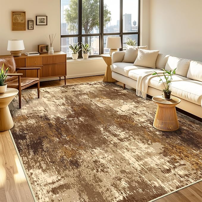 Washable Area Rugs 6'x9' Non-Slip Modern Abstract Soft for Living Room Entryway Bedroom Nursery, Print Pattern, Brown Tan Beige Coffee