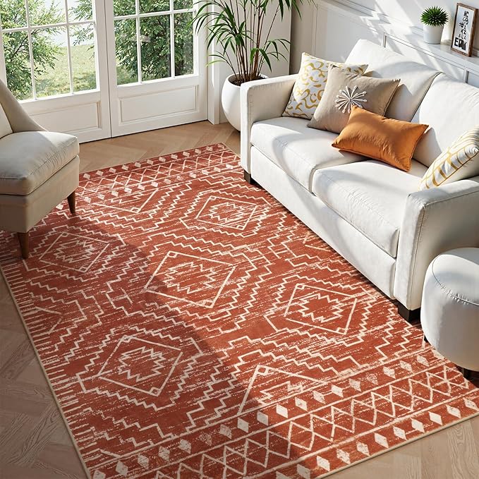 Wonnitar Moroccan 5x7 Area Rugs, Large Soft Rug for Dining Room, Washable Bohemian Tribal Living Room Bedroom Rug, Geometric Non-Shedding Indoor Carpet for Closet Nursery Entry (Brown,5'x7')