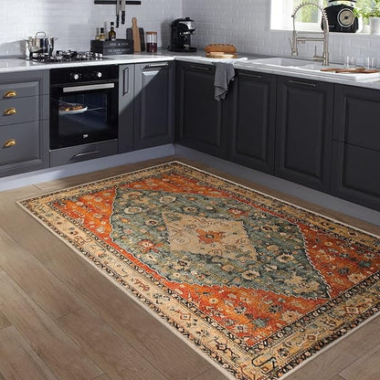 COMSLE Boho Area Rug, 3' x 5' Machine Washable Rugs for Entryway Faux Wool Large Rugs Distressed Throw Rug Non-Slip Floor Carpet for Indoor Bedroom Kitchen Living Room