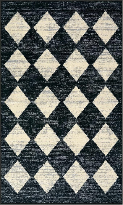 Lahome Moroccan Trellis Area Rug - 3x5 Washable Black Entry Rug Non Slip Living Room Mat, Distressed Lattice Soft Stain Resistance Indoor Throw Carpet for Front Door Foyer Bedroom Bathroom