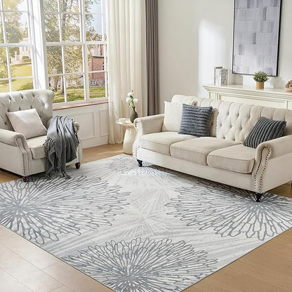 WITSHOCK 7x9 Washable Rug for Living Room,Modern Floral Distress Print Pattern Area Rugs,Stain Resistant with Non Slip Backing Carpet for Dining Room,Bedroom & Home Decor,Grey White