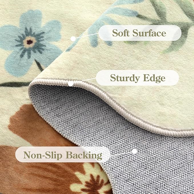 Lahome Floral Washable 6x9 Area Rugs, Soft Bedroom Rug for Living Room Ultra-Thin Non Slip Dining Room Rug, Stain Resistant Boho Rugs Easy Clean Throw Carpet for Office(6'x9',Beige)