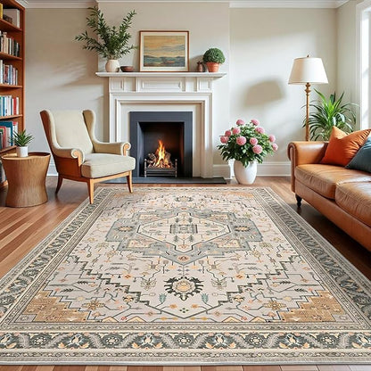 5x7 Grey Beige Area Rug for Living Room, Machine Washable Rugs with Non-Slip Backing for Bedroom, Vintage Medallion Carpet Dining Room Office Kids Room Decor
