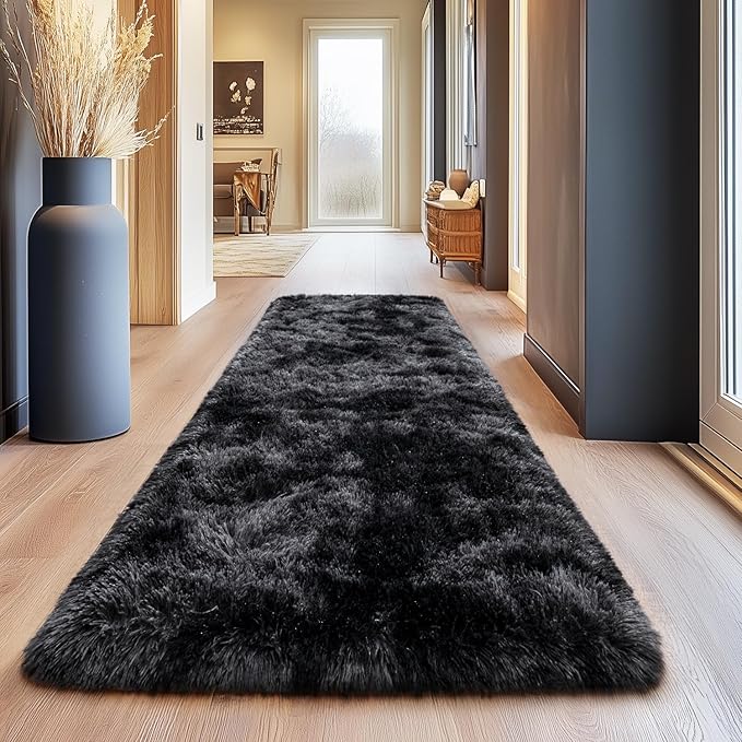 Shaggy Soft Fluffy Rug Plush Rugs Non-Slip Indoor Floor Carpet for Living Room Anti-Skid Indoor Carpet Tie-Dyed Black Grey 2x6Feet