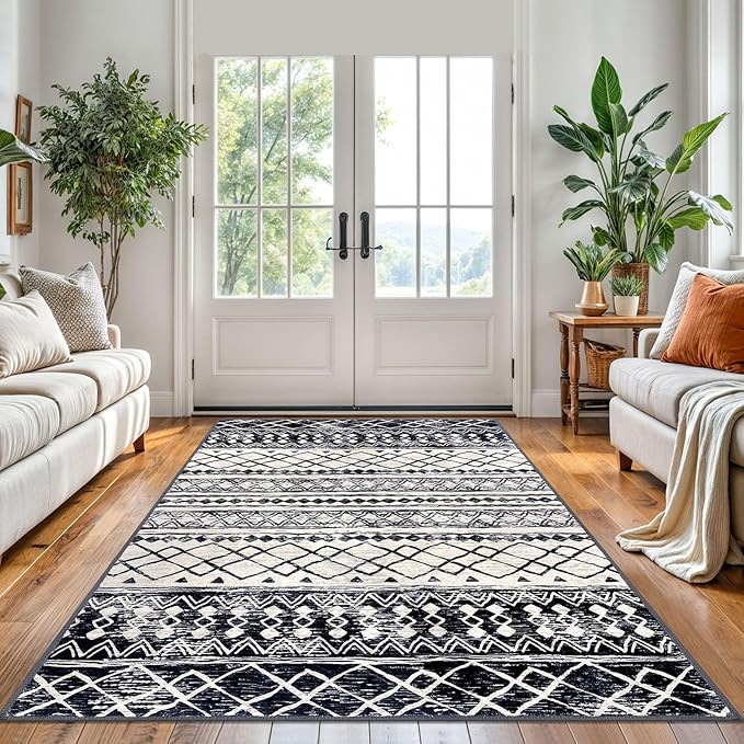 KUTA Morocca Area Rug 5x7 Black Navy Blue, Washable Boho Living Room Rugs Non-Slip, Ultra Soft Geometric Print Traditional Farmhouse Carpet for Dining Room Bedroom Dorm Office Home Decor