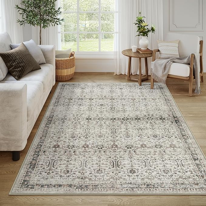 Moynesa Vintage Washable Grey 5x7 Living Room Rug, Neutral Area Rug for Bedroom Dining Room Kitchen, Low Pile Soft Non-Slip Retro Carpets for Office Indoor Nursery