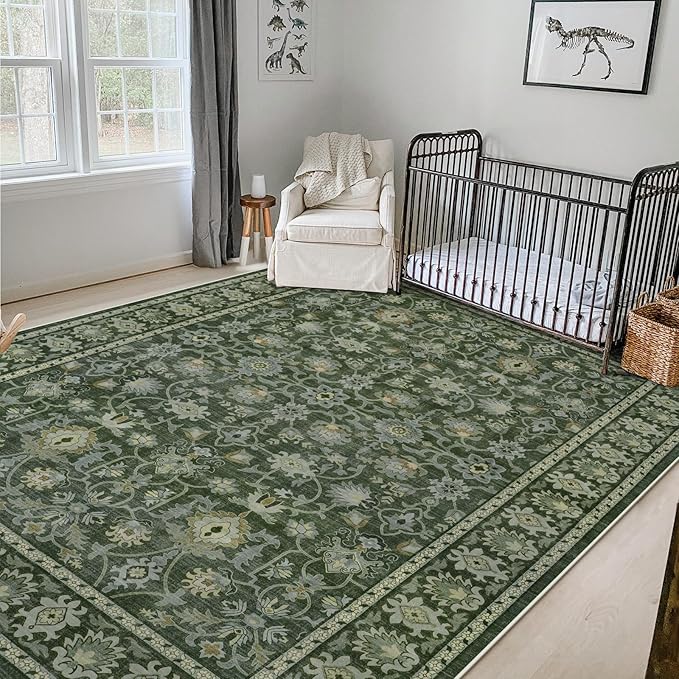 LIVEBOX Washable Area Rug 8x10 - Large Green Boho Living Room Rug Vintage Rugs for Bedroom, Non-Slip Retro Floral Carpet Print Distressed Accent Rugs for Dining Room Home Office