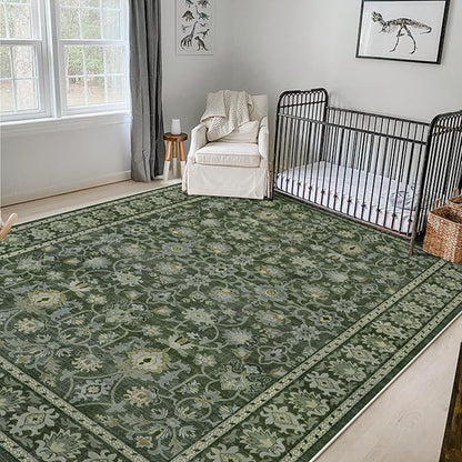 LIVEBOX Washable Area Rug 8x10 - Large Green Boho Living Room Rug Vintage Rugs for Bedroom, Non-Slip Retro Floral Carpet Print Distressed Accent Rugs for Dining Room Home Office