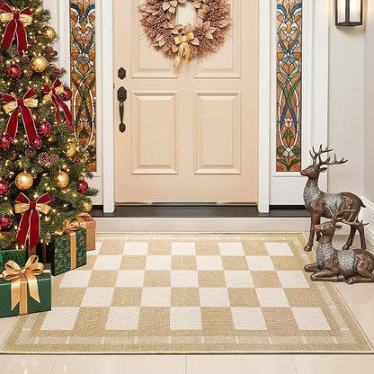 Vasofe Washable Small Entry Rug, 2x3 Checkered Jute Rugs Outdoor Indoor Front Door Mat, Non-Slip Bedroom Entrance Doorway Kitchen Mats, Plaid Farmhouse Porch Carpet, Khaki and White