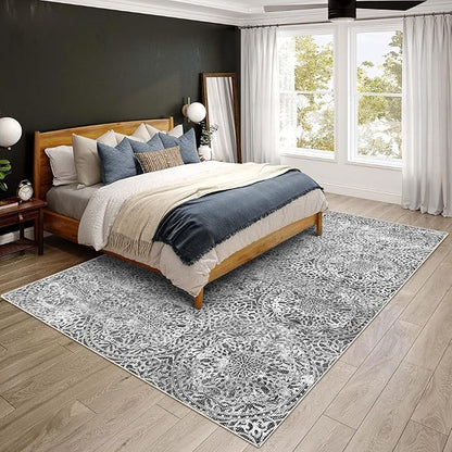 vivorug 9x12 Area Rugs for Living Room, Non Slip Machine Washable Vintage Grey Rug, Ultra-Thin Lightweight Large Area Rug for Bedroom, Dining Room, Low Pile Rug