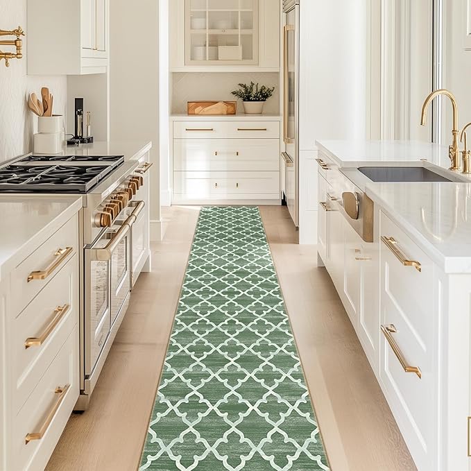 Area Rug 2x10, Moroccan Trellis Print Carpet, Machine Washable Non-Slip Rugs for Living Room, Bedroom, Dining Room & Entryway, Green