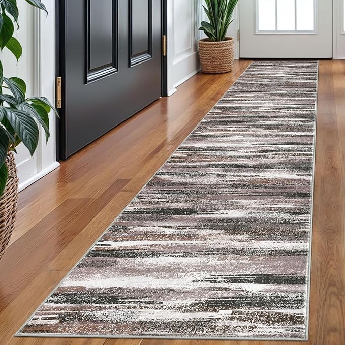 Modern Abstract Runner Rug 2x10, Dark Light Brown White Washable Long Kitchen Runner Non-Slip Soft Hallway Rug Runner Thin Print Faux Wool Carpet for Entryway Bedroom Laundry Room Indoor