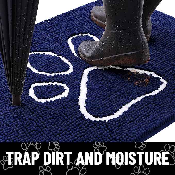 Smiry Dog Door Mat for Muddy Paws, Absorbent Dirt Trapper Non Slip Quick Dry Washable Chenille Mat for Mud Dogs, Entry Rug for Indoor and Outdoor (48x30 Inches, Navy Blue and White)