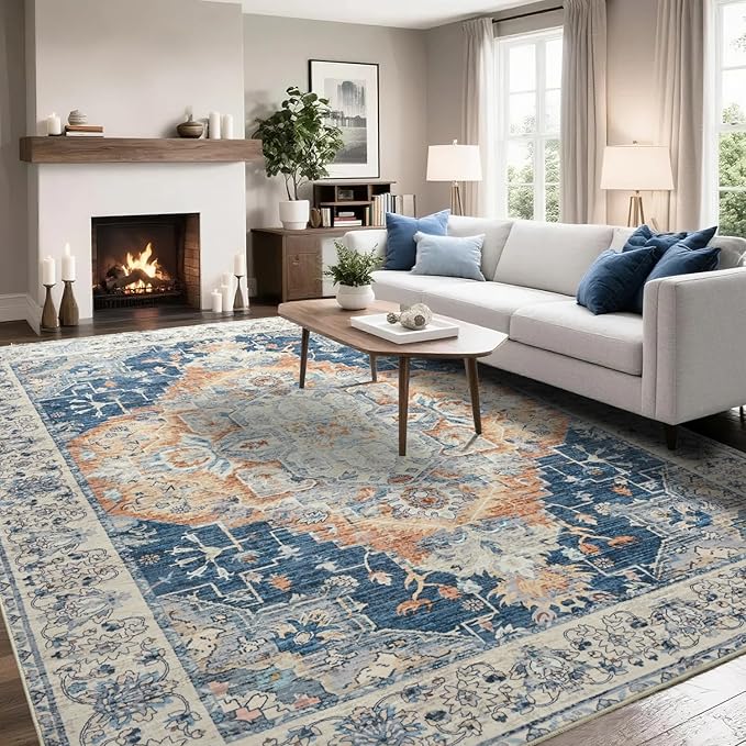 Large Area Rugs 8x10, Low Pile Washable Rugs, Soft Vintage Distressed Rugs for Living Room Bedroom, Office, Dining Room, Water Repellent & Non Shedding, Blue and Orange