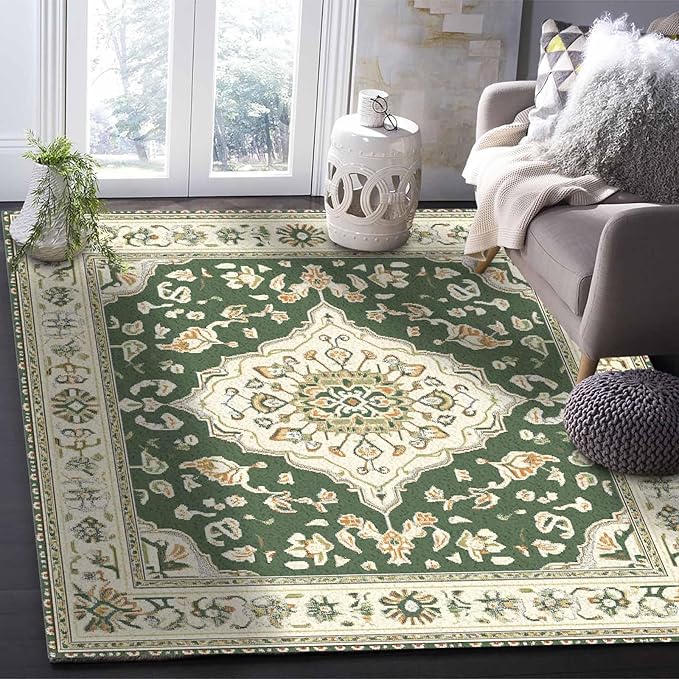 Green Bohemian Rectangular Area Rugs for Living Room Bedroom 5 x 6.9 ft Vintage Farmhouse Floral Pattern Non-Shedding Soft Low Pile Rug Non Slip Washable Rug for Nursery Entryway Playroom