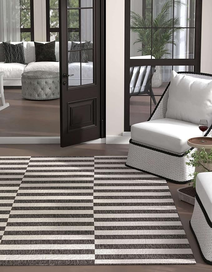 Unique Loom Outdoor Striped Collection Area Rug - Striped (13' Square, Charcoal/Ivory)