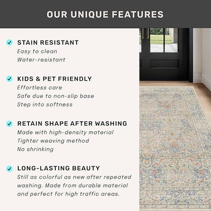 Floral 3x8 Wide Hallway Runner - Beige Blue with Lilic Accent, Boho Forest Decor, Washable Low Pile Non Slip Stain Resistant Rug for Long Kitchen, Large Bathroom, Hall Way