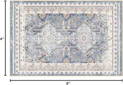 Phantoscope Washable Area Rug 4'x6' Non-Slip, Vintage Neutral Rugs for Living Room, Bedroom, Dining Room, Distressed Boho Geometric Medallion Pattern, Low-Pile Foldable Floor Carpet, Dusty Blue/Multi