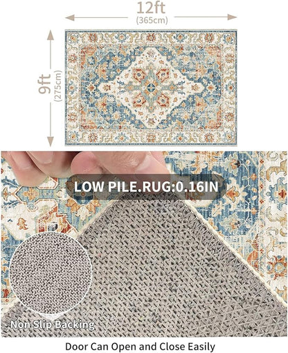Enkor Area Soft Rugs 9x12 Washable Non Slip Boho Floor Rugs for Living Room Bedroom, Vintage Style Farmhouse Mat for Kitchen Entryway Orange & Blue