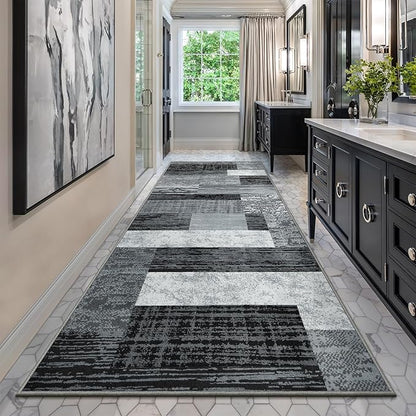 Indoor Runner Rug, Washable Runner Rug with Rubber Backing, Modern Geometric Patchwork Aesthetic Carpet for Bedroom, Living Room, Hallway, Entryway, Washable Rug Rockwood Collection, 2x6 Ft Grey