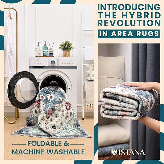 Istana Rugs 8x10 - White Cream/Blue Area Rug - Foldable Stain Resistant Bedroom 8x10 Area Rugs - Washable Rug - 8 x 10 Area Rugs for Living Room - Eco-Friendly Area Carpet