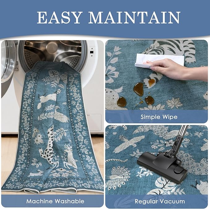 Moynesa Animal Area Rugs 8x10, Washable Luxurious Vintage Boho Blue Area Rug for Living Room Bedroom Dining Room Office Playroom, Foldable Low Pile Soft Non-Slip Carpets for Indoor