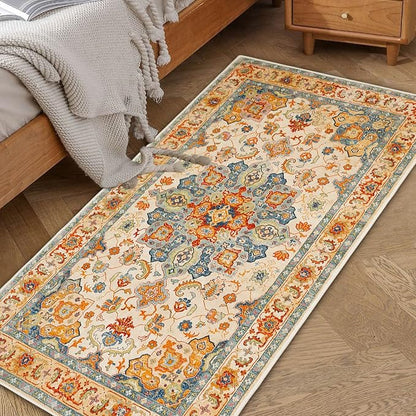 COMSLE Boho Distressed Area Rug 2' x 4', Machine Washable Faux Wool Non-Slip Small Rug for Entryway, Bedroom, Kitchen - Indoor Floor Carpet