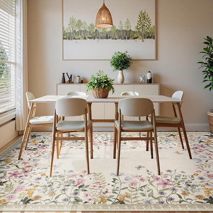 Wonnitar Washable 6x9 Area Rugs, Large Living Room Rug, Non-Slip Soft Floral Rugs for Bedroom, Botanical Area Rug Carpet for Dining Room Guest Room (Beige,6'x9')
