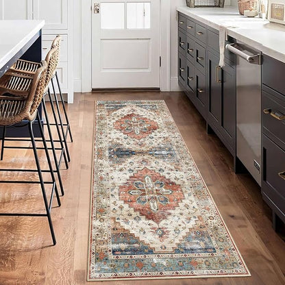 Enkor Runner Rugs for Hallway, 2x6 Washable Soft Non Slip Floor Rugs for Kitchen, Modern Mat for Living Room Bedroom Entryway Beige & Red