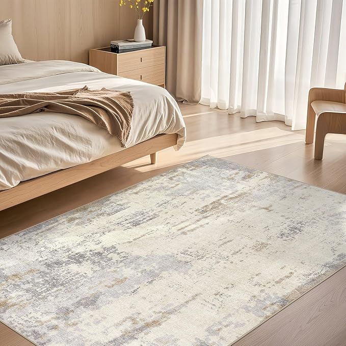 4x6 Area Rug Living Room Rugs - Washable Neutral Modern Abstract Soft Thin Rug Indoor Floor No Slip Rug Carpet for Bedroom Under Dining Table Home Office Decor - Light Brown/Gray