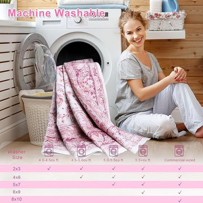 5x7 Bright Pink Area Rug for Living Room, Machine Washable Rugs with Non-Slip Backing for Girls Bedroom, Cute Vintage Carpet for Kitchen Laundry Kids Room