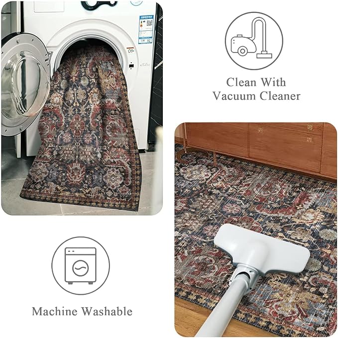 RUGSURE Washable Area Rugs - Perfect for Living Room, Bedroom, Kids Room, Nursery - Stain & Water Resistant Non-Slip, Pet & Child Friendly, Vintage Tribal Area Rugs (Rust, 8' x 10')