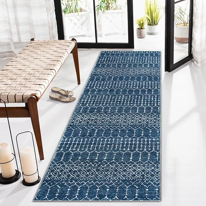 Lahome Moroccan Extra Long Runner Rugs for Hallways, 2.5x12 Rug Runner Washable Ultra-Thin Carpet Non Slip, Faux Wool Soft Modern Floor Print Mat for Entryway Stair (Blue, 2'5''x12')