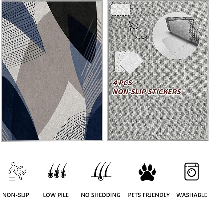 Abstract Art Line Living Room Area Rugs 5x7, Modern Boho Geometric Print Soft Rug, Minimalist Washable Non Slip Neutral Carpet for Bedroom, Dining Room Office Playroom, Navy Blue Gray