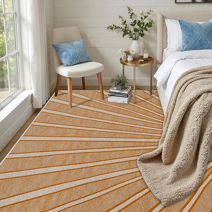 Boho Sun Print Area Rug for Living Room 3x5, Modern Abstract Non-Slip Washable Rugs, Soft Stripe Minimalism Carpet for Bedroom, Nursery, Entryway, Dining Room & Office Decor, Orange White