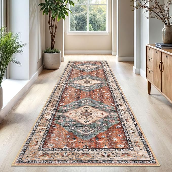 KOZYFLY Long Runners for Hallways 3x10 Ft Washable Kitchen Runner Rug Boho Runner Rug for Entryway Indoor Rust/Orange/Blue Printed Oriental Faux Wool Stair Floor Carpet Runner for Stair Kitchen Hall