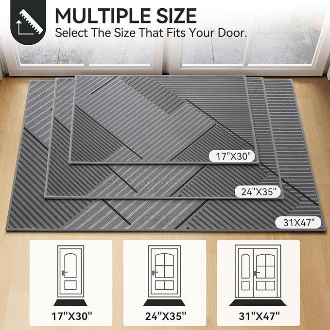 Front Door Mat 17''x30'', Non Slip Absorbent Muddy Dirt Resist Washable Low-Profile Indoor Doormat, Welcome Entryway Door Mats, Grey