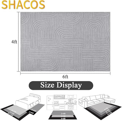 SHACOS Soft Cozy Fluffy Arch Pattern High Low Pile Rugs 4'x6' Non Slip Washable Scandinavian Minimalist Rug Modern Geometric Arc Carpet for Living Room Bedroom Dining Room, Light Grey