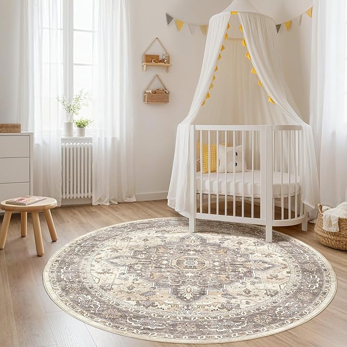Round Rug Living Room Rugs: 4x4 Washable Boho Neutral Circle Soft Non-Slip Indoor Vintage Stain Resistant Floor Farmhouse Carpet for Bedroom Nursery Kids Playroom Entryway Dorm Home- Beige Brown